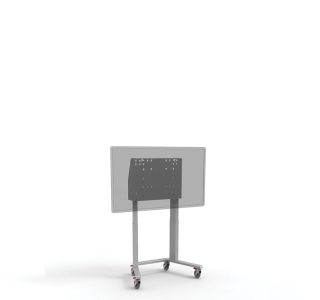Zweisäuliger grauer mobiler Lift mit abschließbarem Schrank, bei dem der Bildschirm von vorne sichtbar angehoben wird