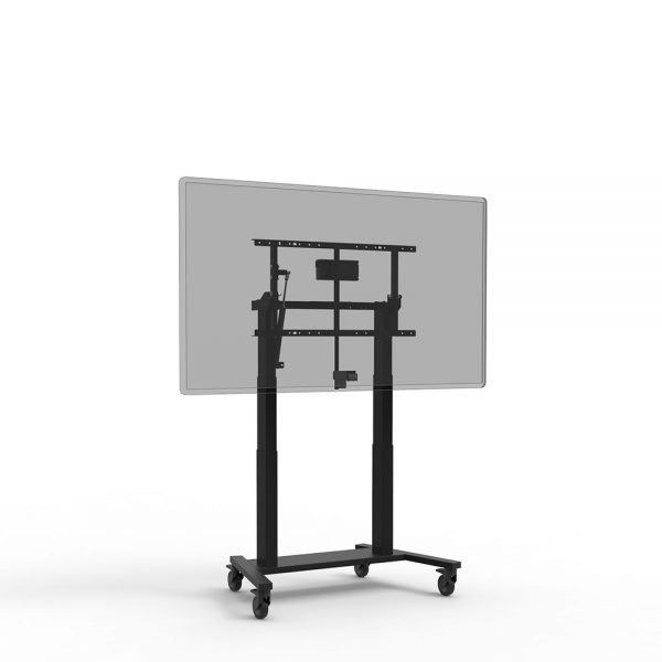 Mobiler Kipptisch mit Bildschirm auf einem hohen Gestell, wobei der Bildschirm aufrecht steht